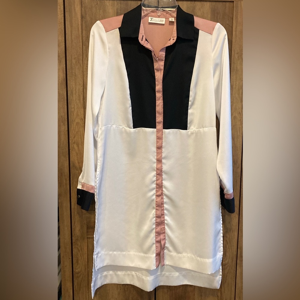 New York & Company Color Block Black Pink and White Tunic Button Down Shirt XS
